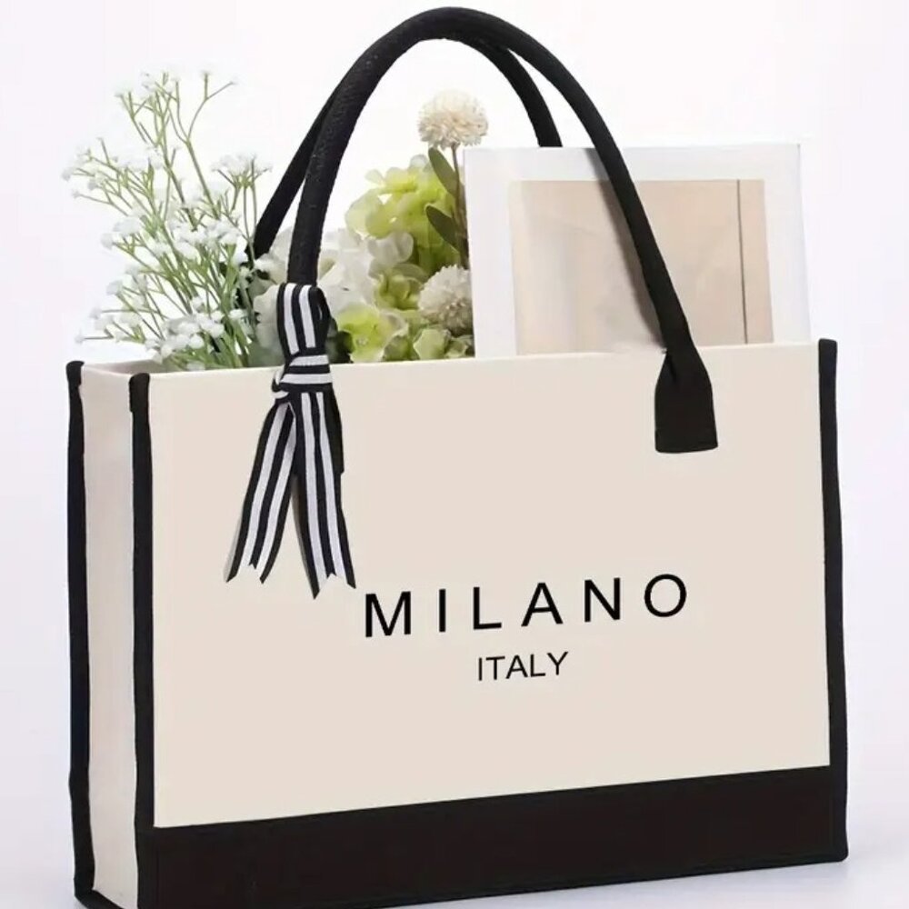 ๐Milano Italy Print Canvas Tote Bag w/ Bow Capacity, Waterproof - Picture 1 of 8